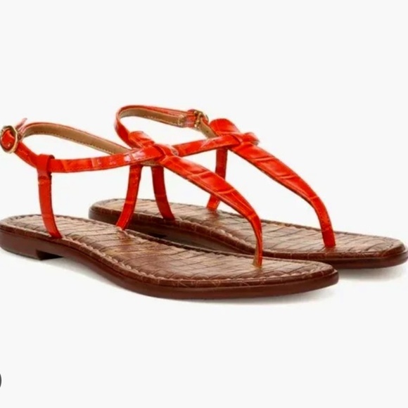EUC Sam Edelman Gigi Orange Coral Croc Embossed Thong Sandal Flats Size 8 - Picture 1 of 8